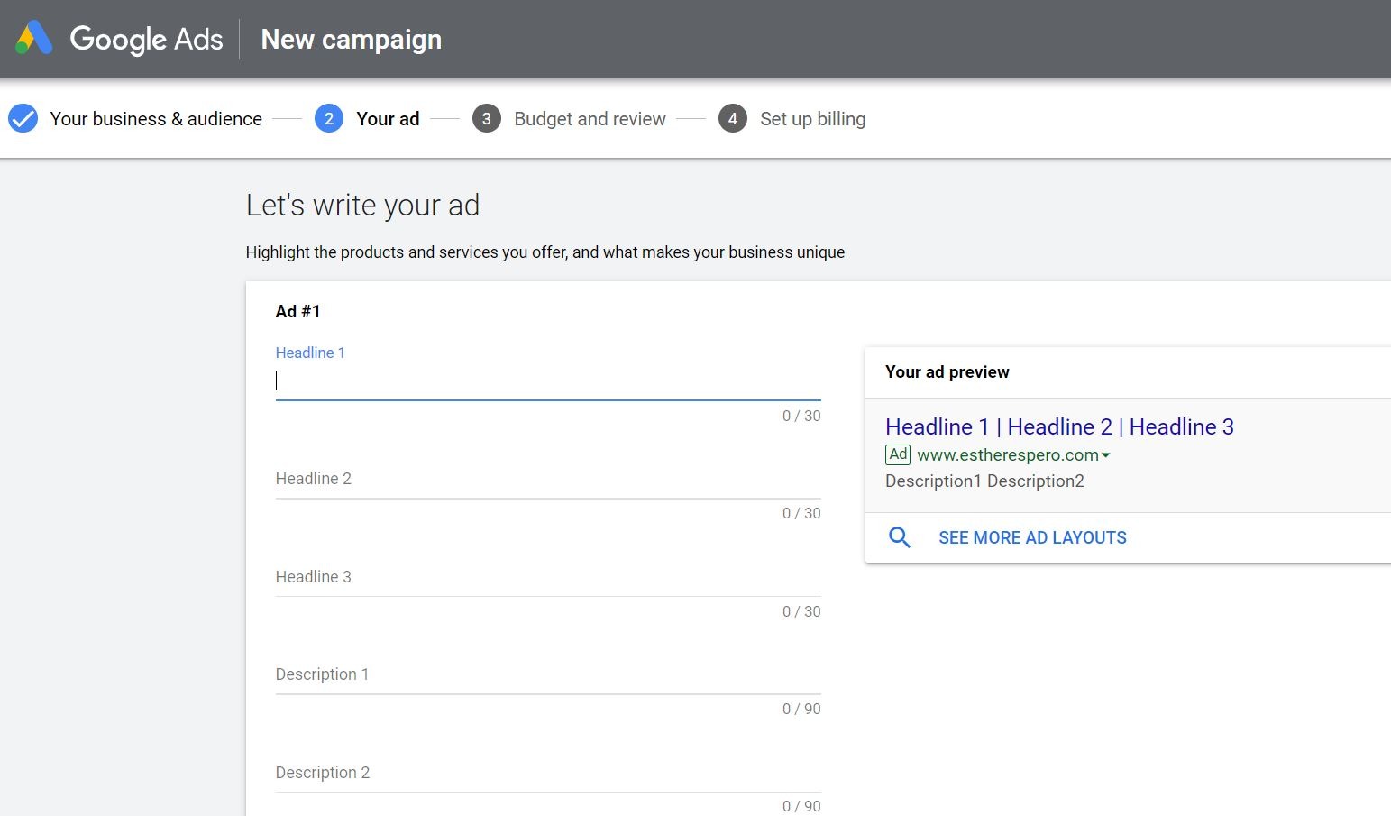 Google Ads -Create your Ads- Esther Goh Tok Mui Google Ads-Business information- Esther Goh Tok Mui